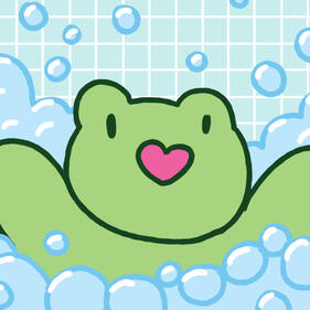 a cartoon of a green frog with a pink heart shaped mouth, surrounded by bubbles